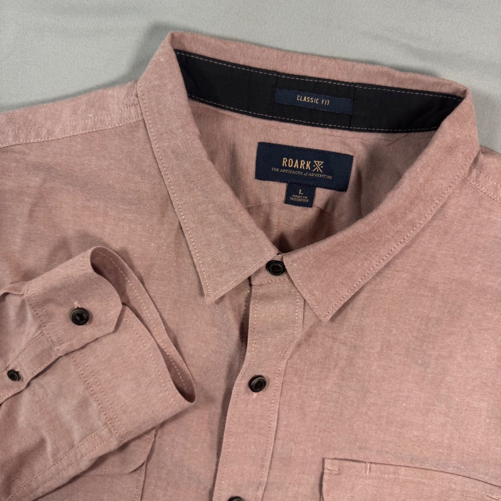 Roark Well Worn LS Button Up Shirt Mens L Pink Organic Cotton Classic Fit